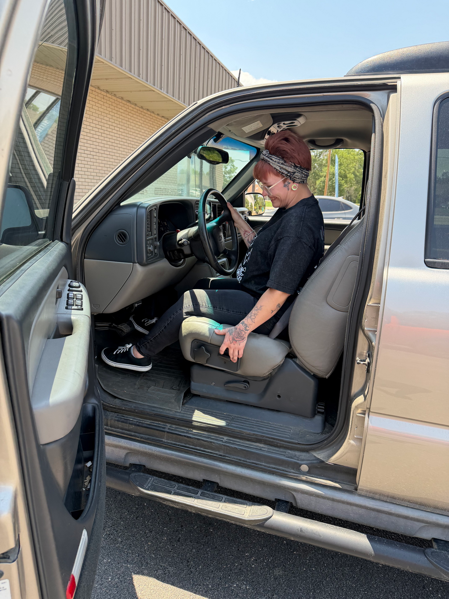 Trying out the newly reupholstered seat 